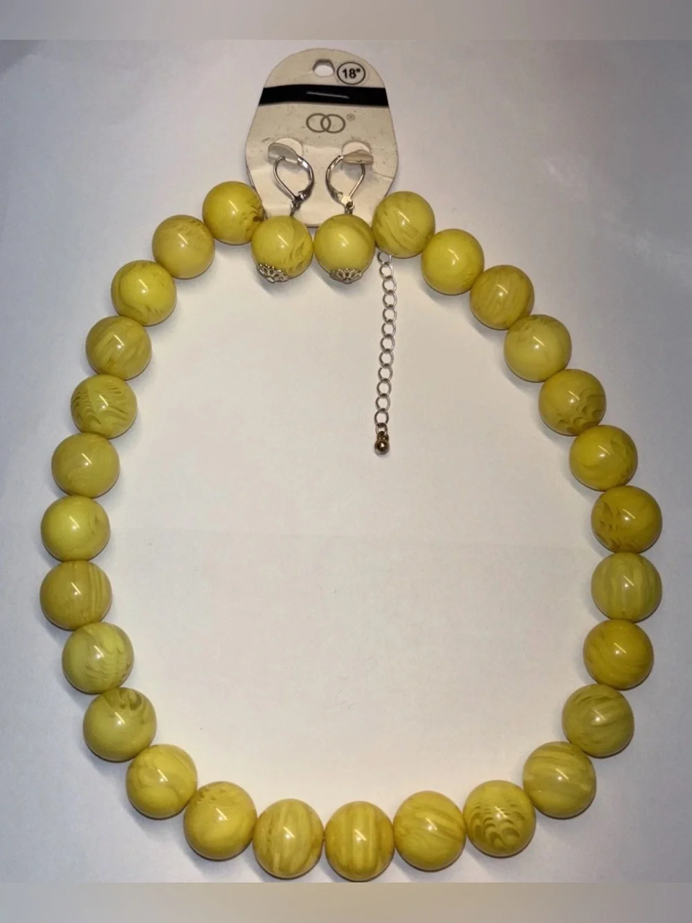 Vintage Large Round Acrylic Lemon Yellow Bead Necklace & Earring‎ Set 18”